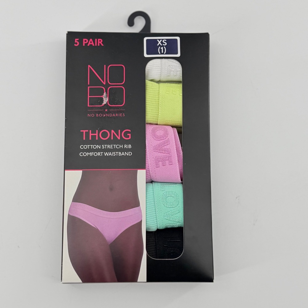 No Boundaries Women XS Thong Multi Cotton Stretch Rib 5 Pack LOVE‎ Waistband New